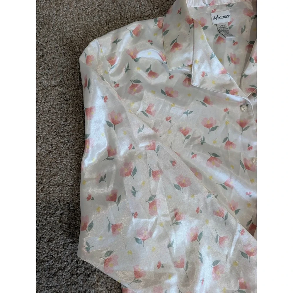 Vintage Delicates Satin Pajama Set Womens Large Floral Pink White Sleepwear 2pc